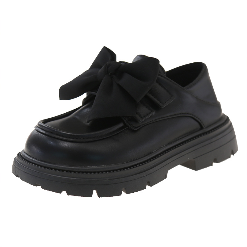 Girls' Leather Shoes Black Spring and Autumn Performance Shoes Bow Tide Soft Sole Shoes for Middle and Large Children and Primary School Students