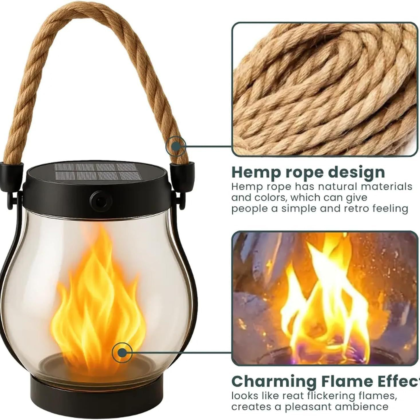 Cross-Border Popular Solar Lantern Outdoor Lamp Dancing Flame Solar Lamp Hemp Rope Hanging Flame Lantern