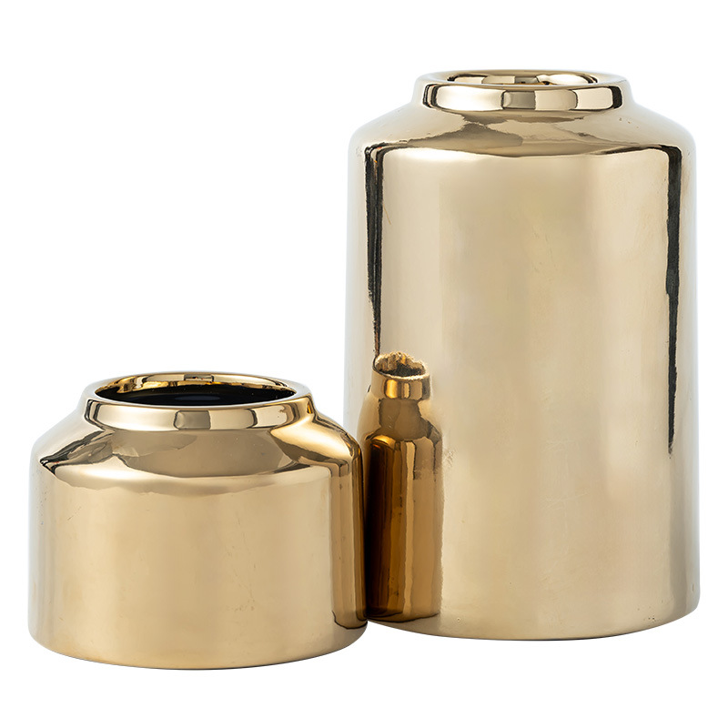 Electroplated Gold Ceramic Vase, High-End, Light Luxury, Asymmetrical Retro Scandinavian Living Room Desktop Flower Arrangement Decorative Ornaments