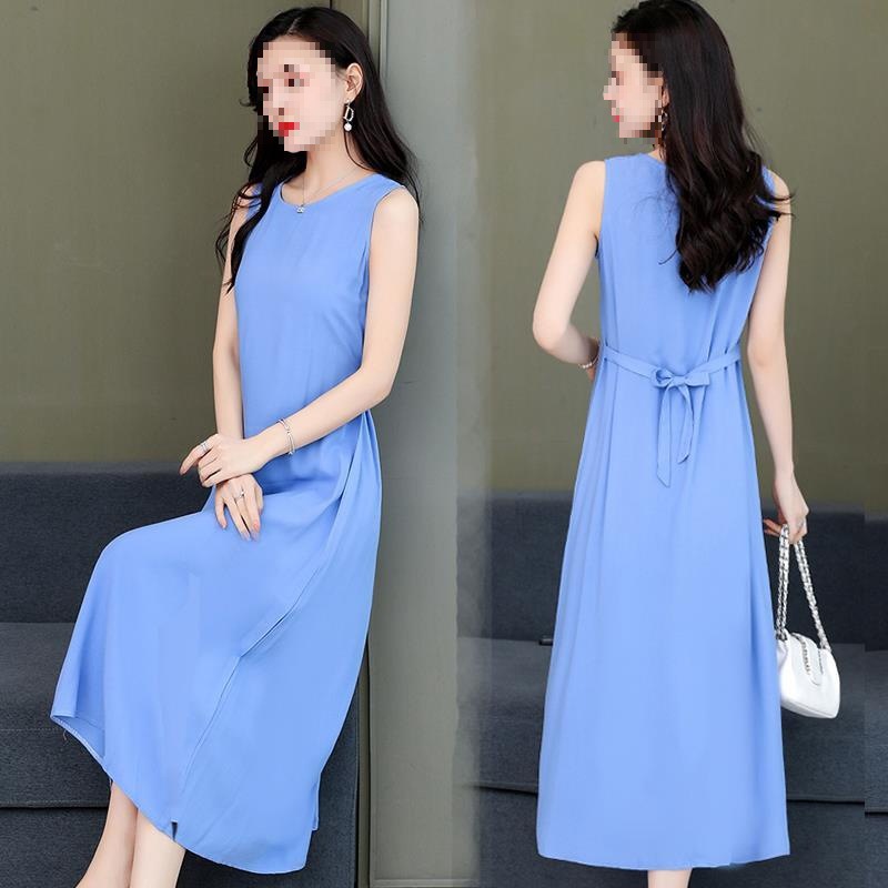 Cotton Silk Sleeveless Vest Dress Women's Long Skirt Pure Color Slimming Look Loose Large Size Mother's Wear Casual Vacation Versatile Large Hem Skirt