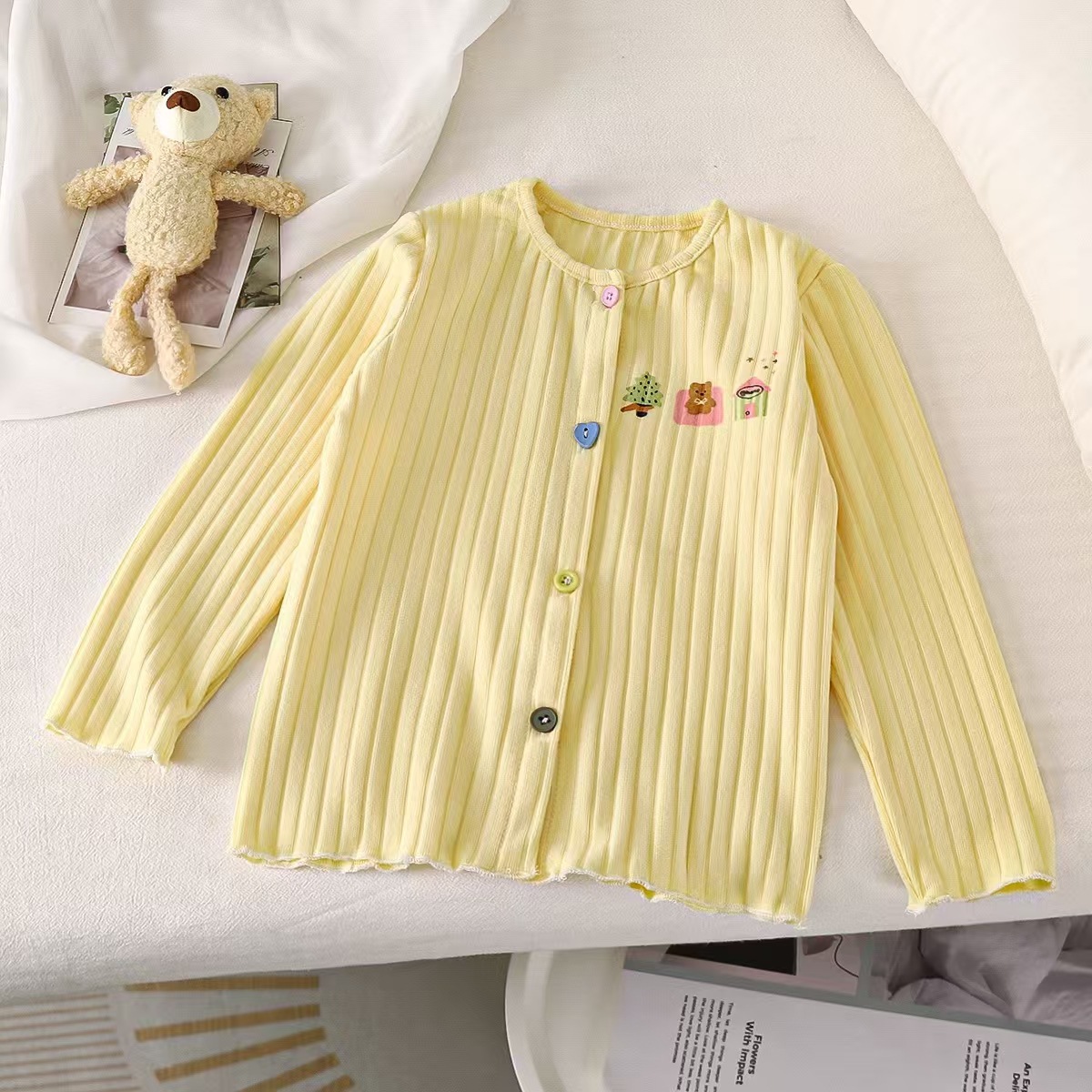Girls' Base Shirt Soft Foreign Style Cardigan Women's Cartoon Color Button Long Sleeve Coat Korean Foreign Style Baby Children's Wear