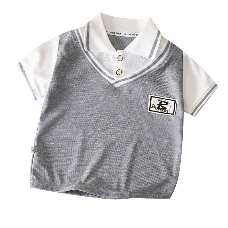 Summer Children's Polo Shirt Korean Academy Style Fake Two-piece Short-sleeved T-shirt Lel Half-sleeved Top for Boys and Girls