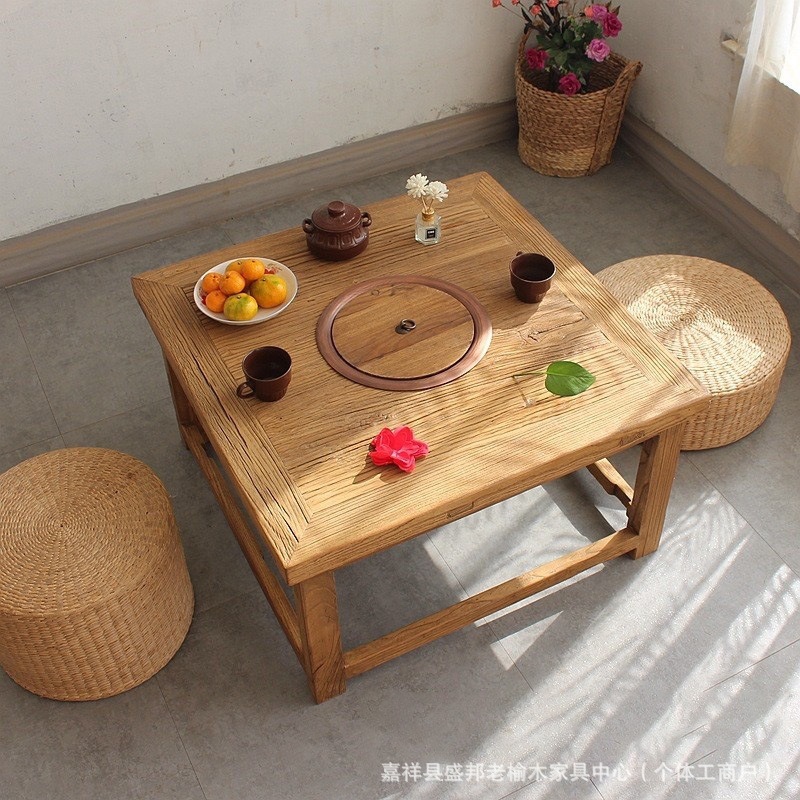Old Elm Barbecue Table Simple Retro Outdoor Courtyard Tea Table Square Pure Solid Wood Barbecue Table Hot Pot Table
