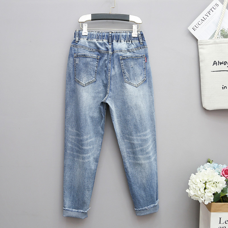 Large size stretch jeans women's 200kg fat MM Harlan pants loose slim turnip elastic high waist casual pants