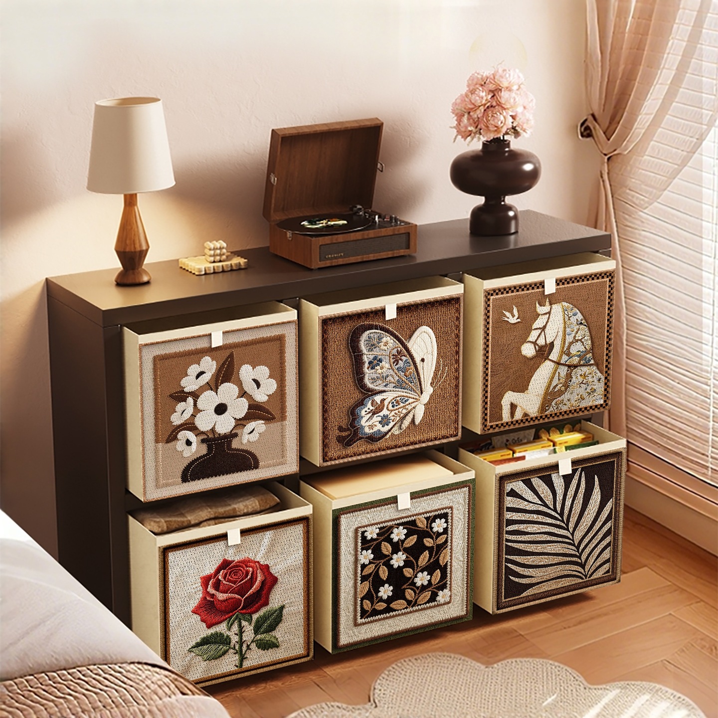 Medieval Style Kalek Plaid Cabinet Drawer-Type Storage Box Household Fabric Foldable Storage Box Entrance Cabinet