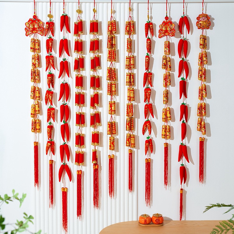 2026 New Year Decorations with the Character for Happiness, Festive Hanging Ornaments, Door Hangings, Year of the Horse Spring Festival Decorations, Chinese Knot, Chili String, Firecrackers
