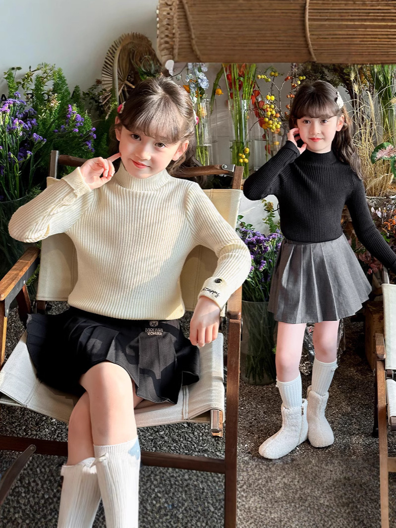 Autumn and Winter Dress One-piece Velvet Girls' Sweater 2024 Autumn and Winter Children's Slim-fit Base Shirt Girls' Inner Sweater Knitted Sweater