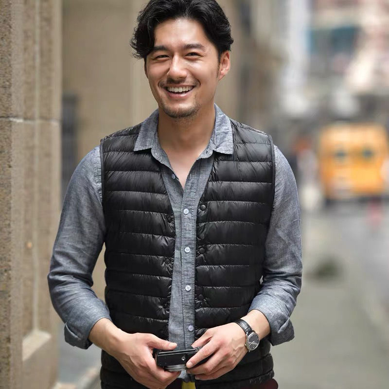 Clearance Sale of Discontinued Colors: Lightweight down Vest for Men, Collarless V-Neck, Short Style, 90% White Duck down