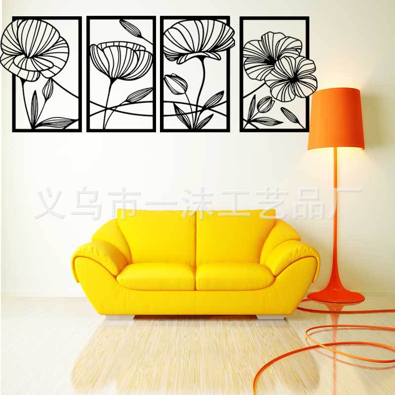 Cross-border new lotus lotus leaf stitching 4-piece black metal plane three-dimensional line decoration wall hanging decoration