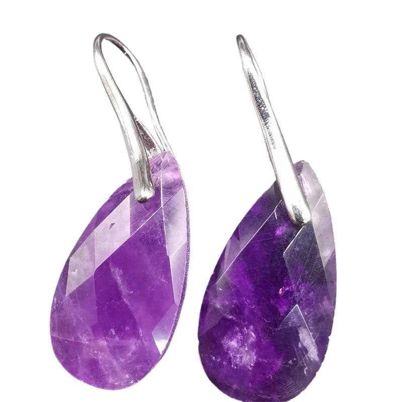 European and American Style Amethyst Powder Crystal Lafite Drop-shaped Hard Drive Cut Corner Pear-shaped Eardrop Simple Accessories Earrings Semi-precious Stone