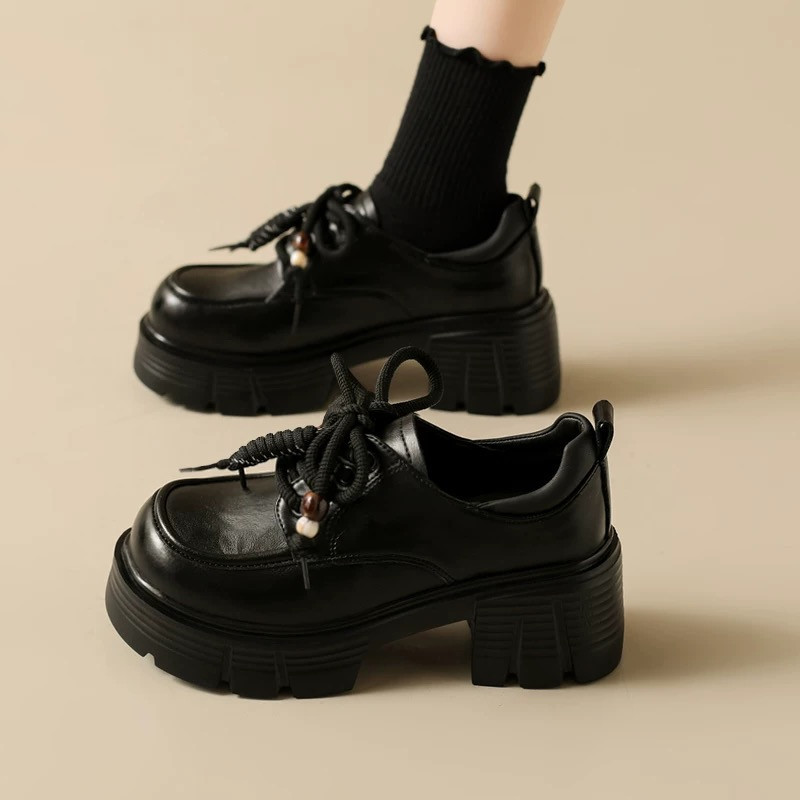 Популярные толстосоленные лоферы для женщин, 2025 осень новый стиль, черные массивные каблуки, увеличивающие рост, с флисовой подкладкой, британский стиль маленькие кожаные туфли