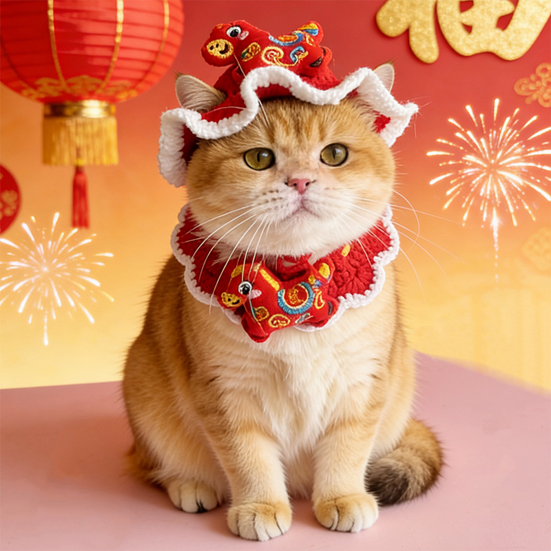 Pet New Year Set Hand-Knitted Wool Warm Cat Scarf New Year Dog Decoration Red Accessories Hat