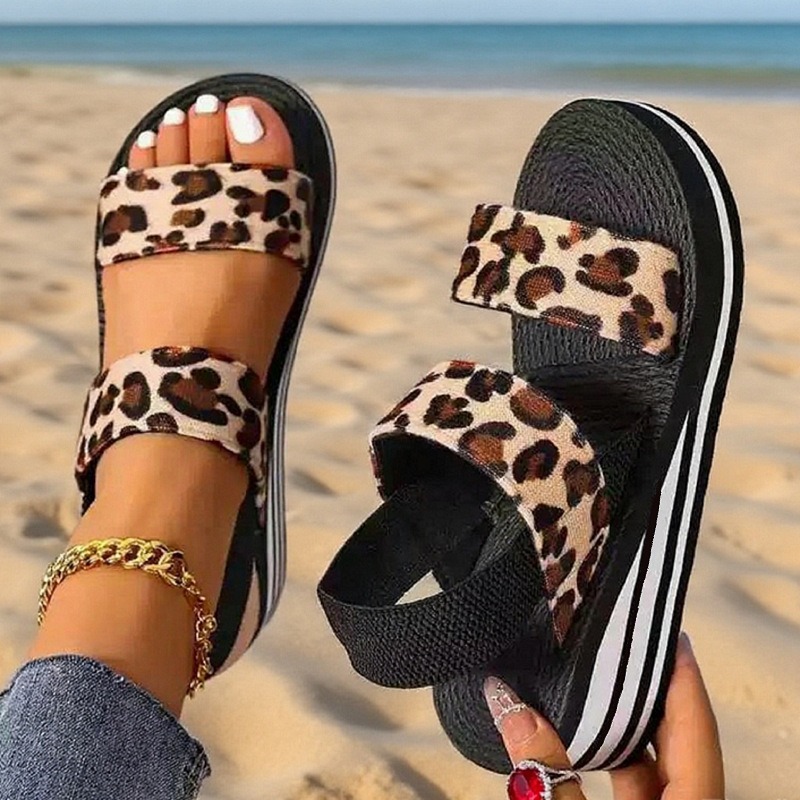Thick-Soled Sandals for Women Cross-Border Leopard Print Summer Fashion Soft-Soled Lightweight and Comfortable Outer Wear Women's Sandals Fake Hemp Rope