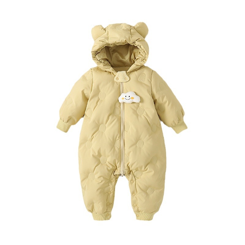 Off-Season White Duck down Jacket with Hood, Warm One-Piece Winter Outdoor Outfit, Newborn Crawling Suit, Romper