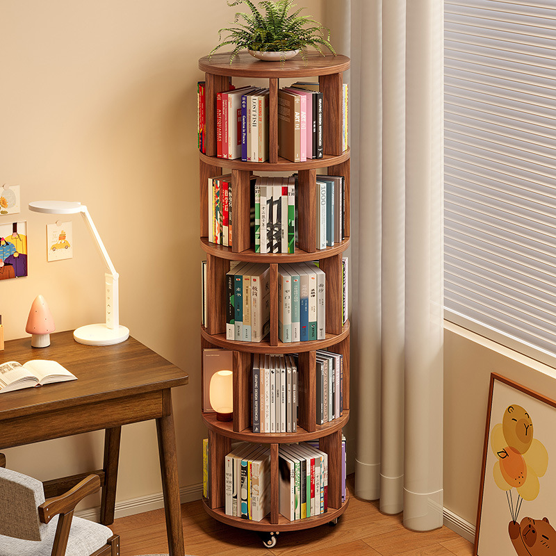 Multi-Layer Rotating Bookshelf 360-Degree Floor-Standing Mobile Storage Rack Integrated Wall-Side Small Narrow Cabinet Home Corner Bookcase