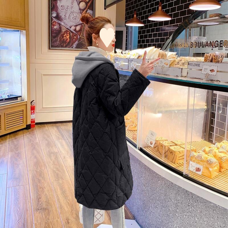 2025 New Winter Style Cotton-Padded and Thickeneded Versatile Knee-Length Mid-Length Diamond Plaid Loose Hooded Jacket for Women