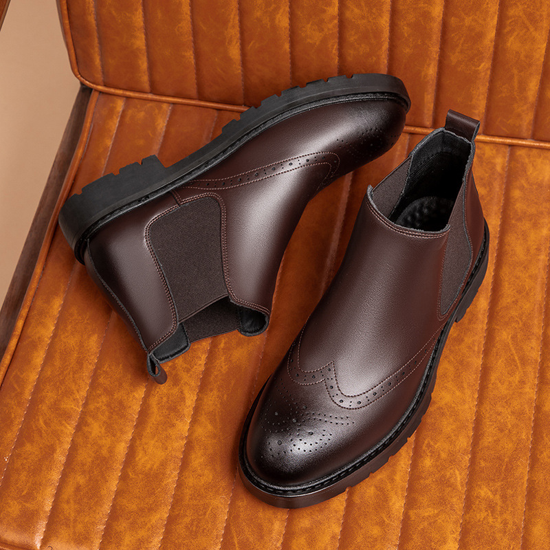 Chelsea Boots Men's Genuine Leather Autumn and Winter Cotton Boots British Style Boots Men's High-Top Velvet Short Boots Suit Leather Shoes