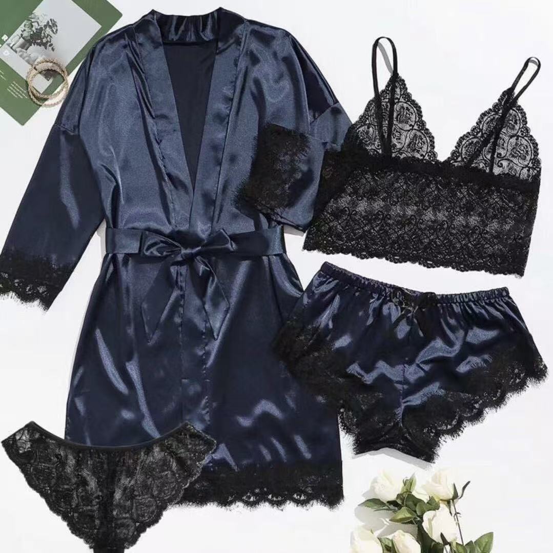 Женская Ночная Women's Lace Pajamas Set Sexy Home Wear Four-Piece Set