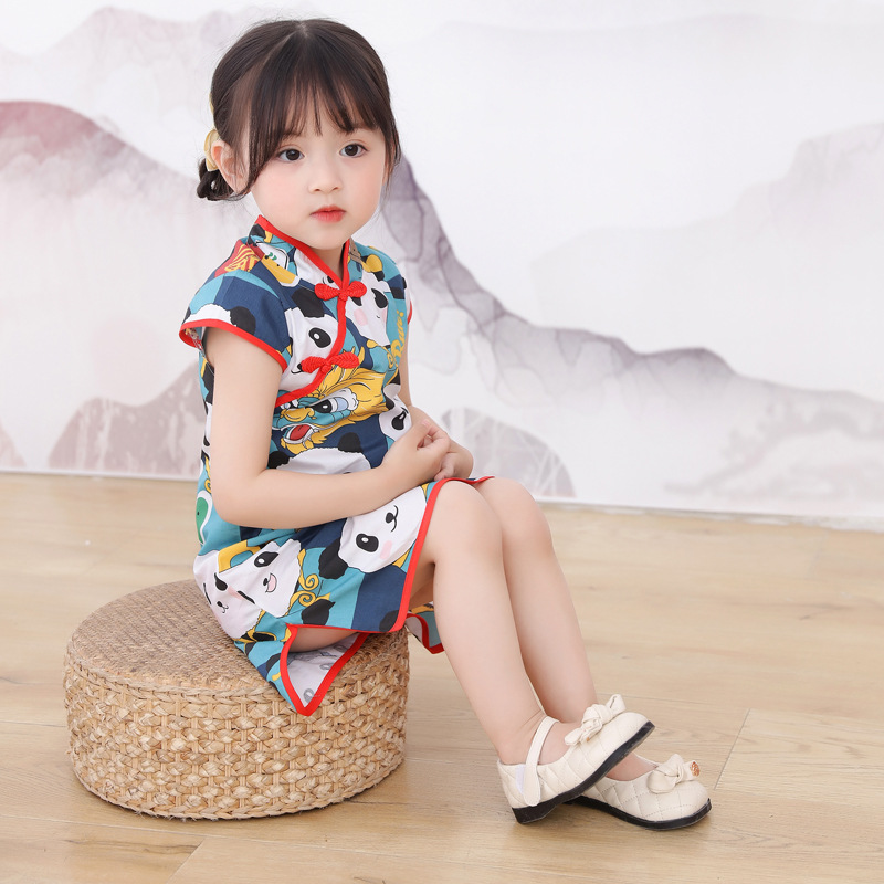 Tang Suit Ethnic Cheongsam Spring and Summer Dress Kidsren's Han Dynasty Improved Kidsren's Clothing Small and Medium-Sized Kidsren's Princess Dress Short-Sleeved Kidsren's Dress