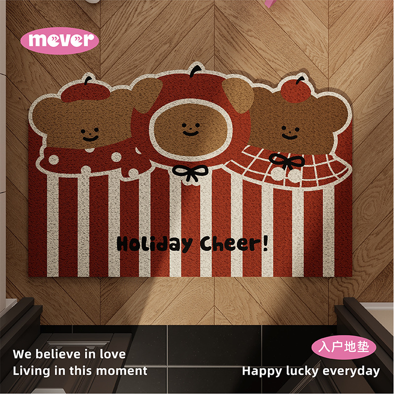 Cute Apple Bear Entrance Door Silk Circle Floor Mat New Year Red Anti-Slip Foot Mat Entrance Door Mat Entrance Door Mat