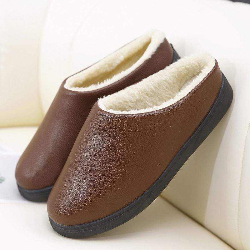 Leather Slippers Winter Household Thick-Soled Cotton Slippers Home Shoes Lightweight Non-Slip Comfortable Warm Mother's Shoes Pu Side Half Slippers