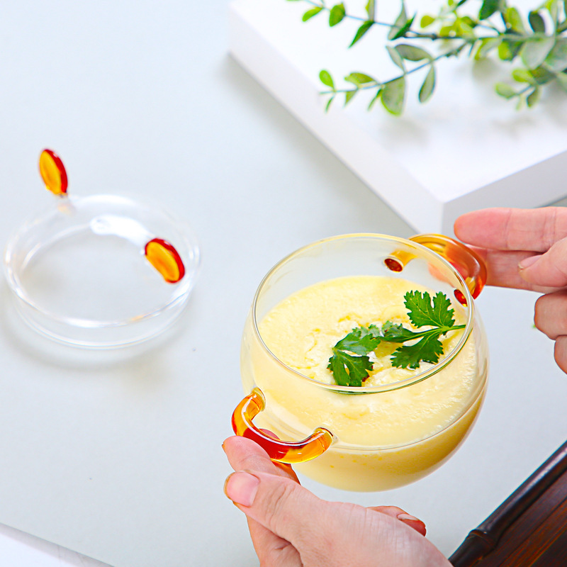 Transparent High Borosilicate Glass Steamed Egg Bowl Stew Cup Household Cute Double Handle Glass Steamed Egg Cup Baby Food Supplement Steaming Bowl
