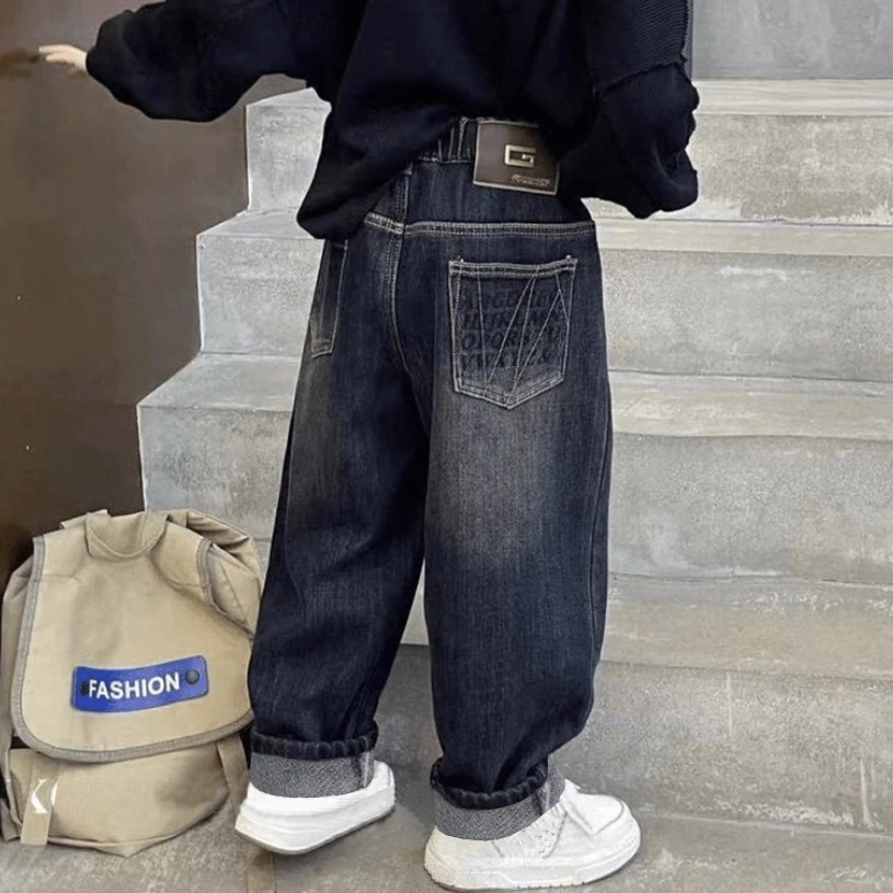 Boys' Fleece-Lined Jeans, Spring and Autumn 2025 New Style, Medium and Large Children's Pants, Children's Integrated Fleece Loose Long Pants, Trendy