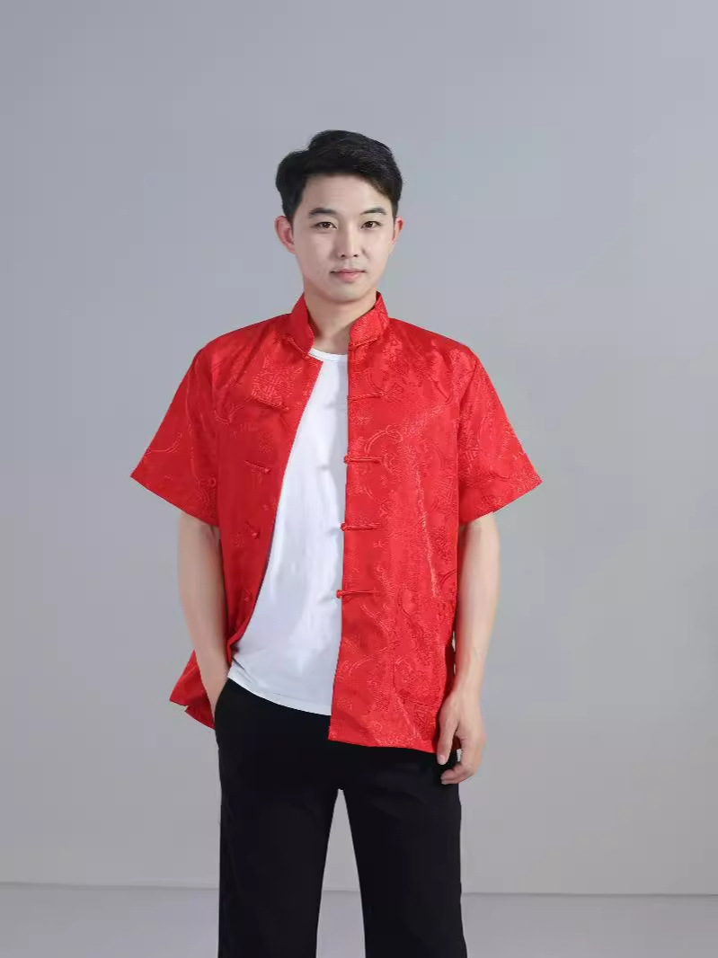 Wholesale Dropshipping Satin Embroidery Internet Celebrity Chinese Style Hanfu Silk Men's Short-Sleeved Tops Chinese Style Ancient Tang Suit