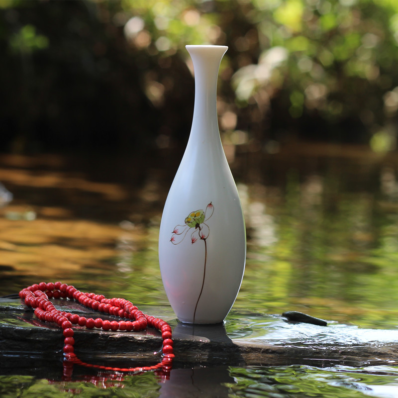 Jingdezhen Ceramic Vase Creative Ornaments Hand-Painted Lotus White Porcelain Vase Guanyin Jade Pure Vase Simple Hydroponic Flower Arrangement