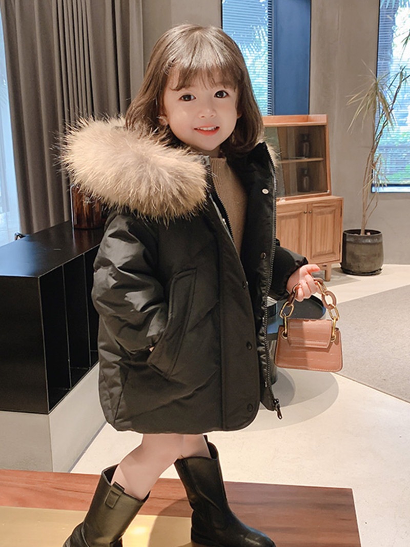 Куртка из 90% белого утиного пуха, средней длины, для девочек, зимняя, с большим меховым воротником