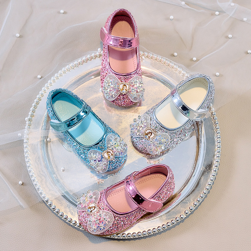 Girls' Leather Shoes 2025 Spring and Autumn New Pearl Bow Elsa Princess Shoes Little Girls Crystal Shoes