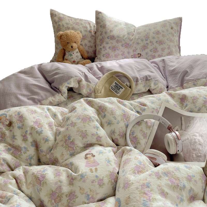 Authentic Class a Bed Four-Piece Set Pure Cotton Maternal and Infant Grade Double-Layer Yarn Ins Naked Sleeping Bed Sheets Quilt Cover Dormitory Three-Piece Set