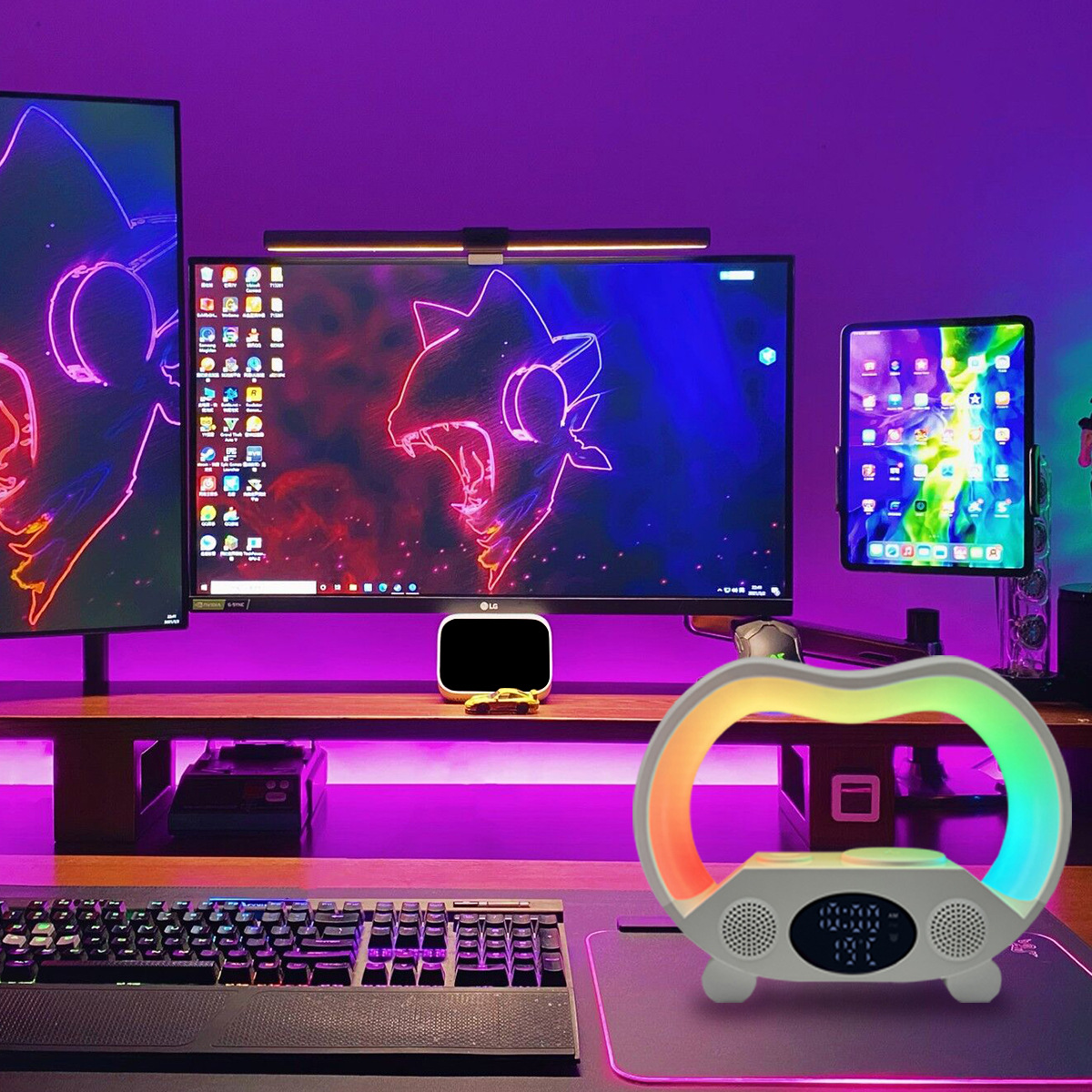 Светильник для гостиной с эффектом рассвета и беспроводной быстрой зарядкой 15W, Bluetooth-колонка, FM будильник, большой динамик, умная регулировка яркости