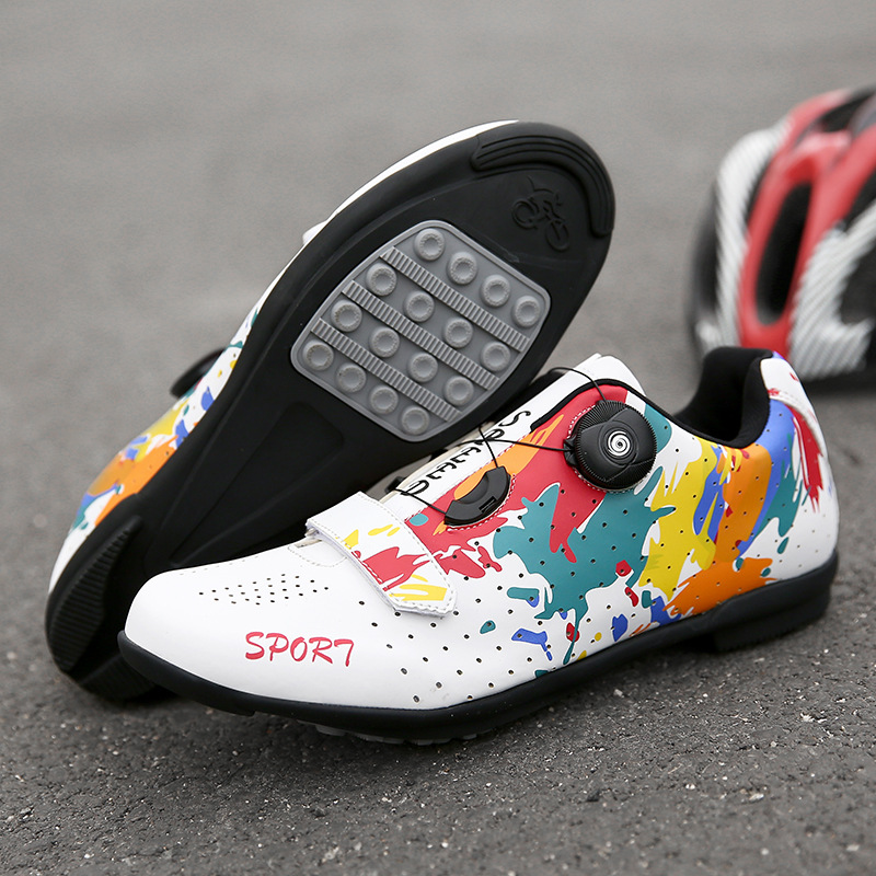 Mountain Bike Lockless Cycling Shoes Men's and Women's Graffiti Road Bike Lock Shoes Hard Sole Dynamic Bicycle Shoes Bicycle Professional Shoes