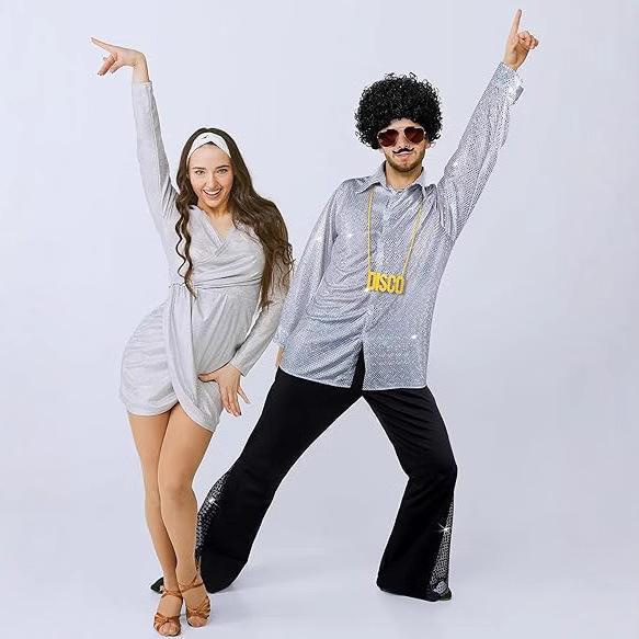 New Men's 70S Disco Costume Shiny Shirt and Flared