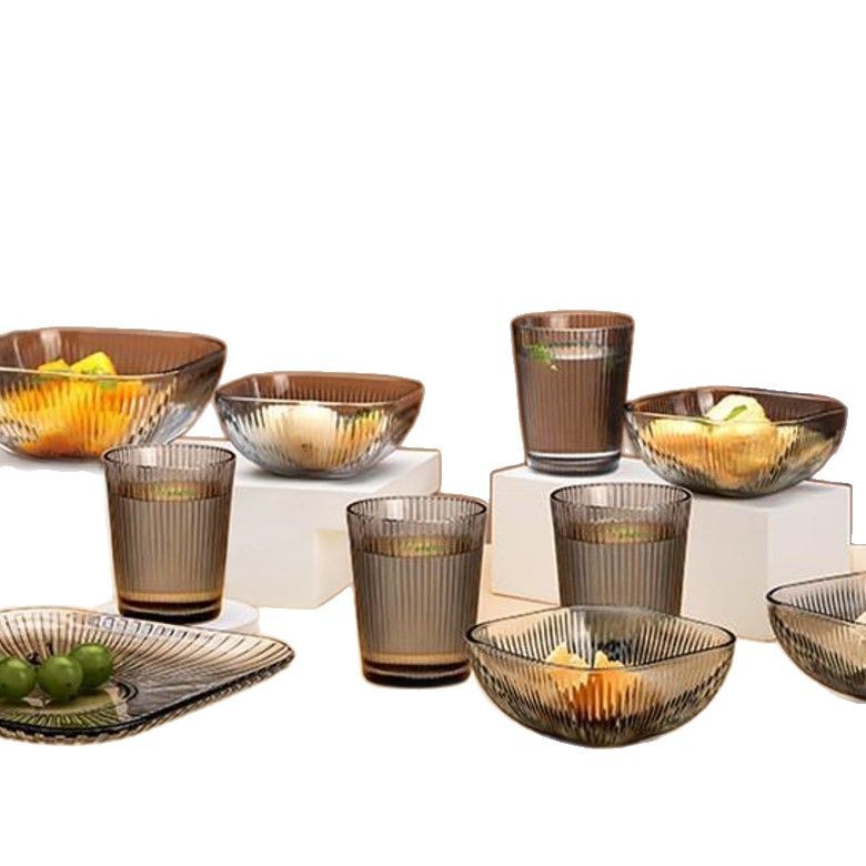 Bolitomo Vertical Pattern Light Luxury Glass Set Home Water Cup Dessert Salad Bowl Dinner Plate Souvenir Event Gift