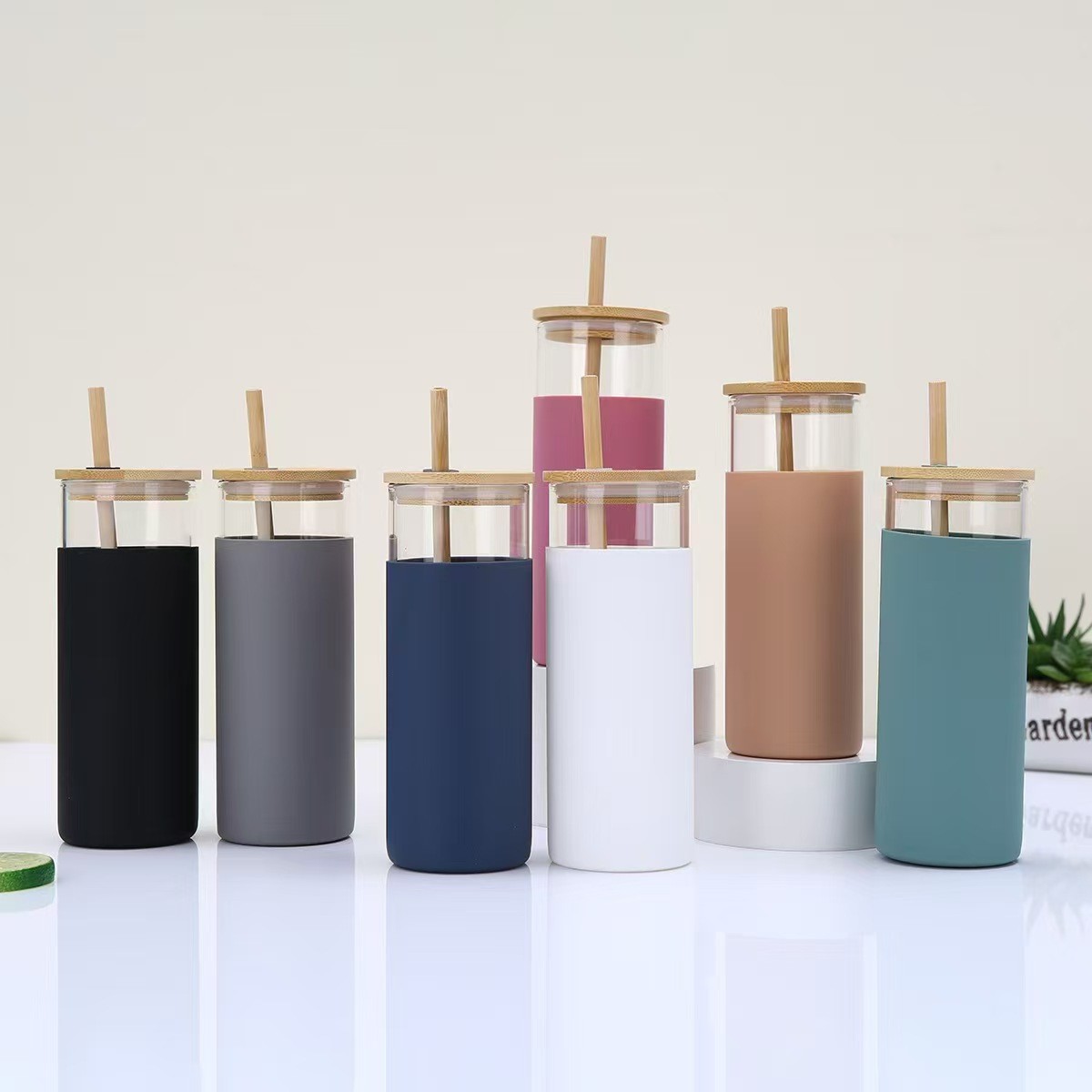 Amazon Cross-Border Glass Straw Cup with Bamboo Lid, Silicone Sleeve, Insulated Glass Cup Wholesale, Logo Printing, High Temperature Resistant Water Cup