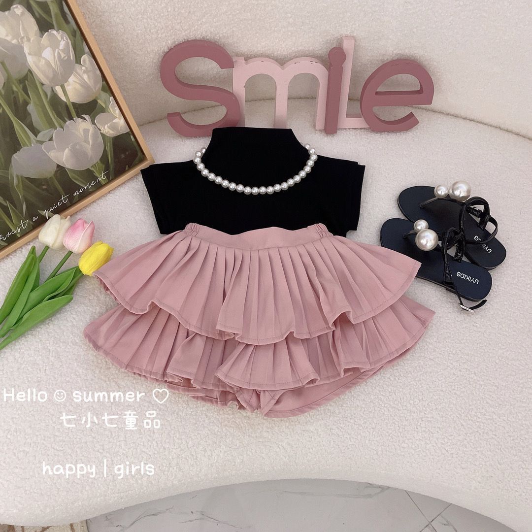 Baby Girl Summer Suit 2023 New Girls Summer Short-Sleeved Pleated Skirt Two-Piece Set Girls Summer Princess Skirt
