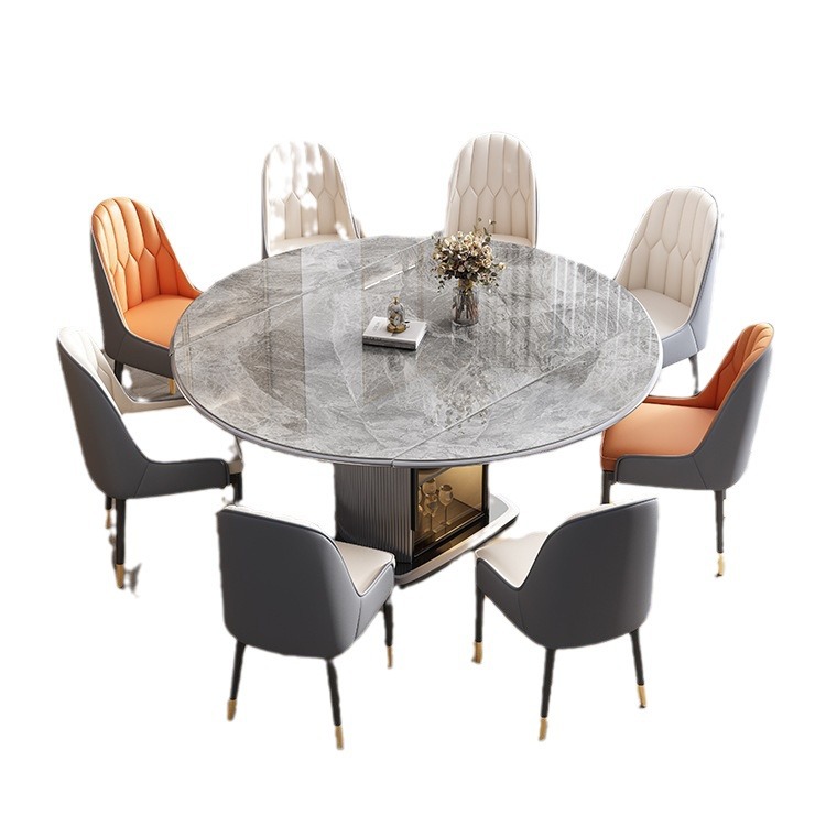 Solid Wood Rock Board Dining Table and Chair New Entry Luxury Simple Household Foldable Rotating Living Room Dining Table and Chair Combination Induction Cooker