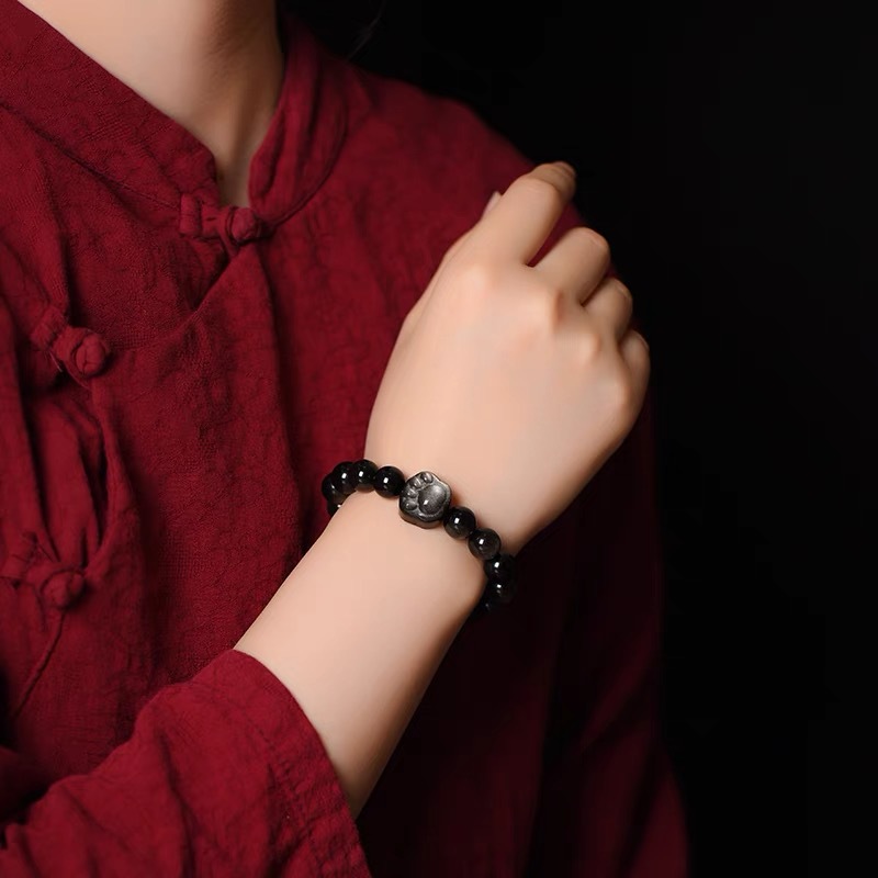 Natural Obsidian Bracelet for Men and Women Gold Obsidian Silver Obsidian Cat Head Couple Bracelet Creative Birthday Gift Best Friend