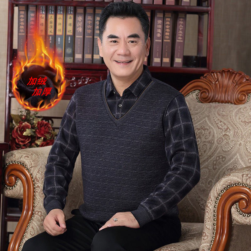 Middle-aged fleece-lined Thickened Sweater Male Dad Fake Two-piece Warm Shirt 50-60 Year Old Grandpa Warm Clothes