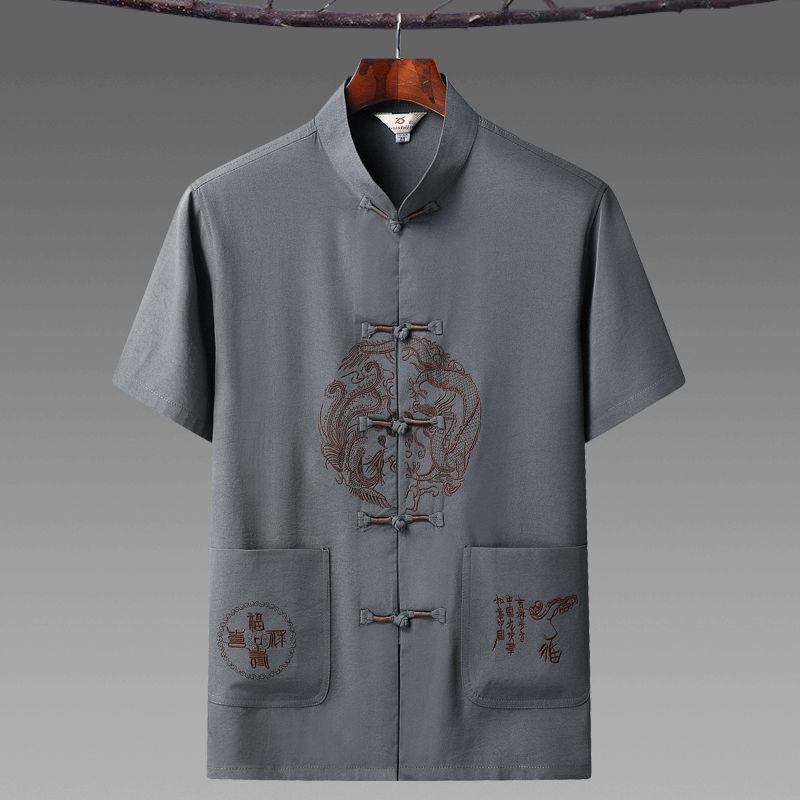 Tang Suit Men's Middle-aged and Elderly Dad Summer Clothes Ice Silk Short-sleeved Elderly Clothes Men's Chinese Style Retro Grandpa Thin Hanfu