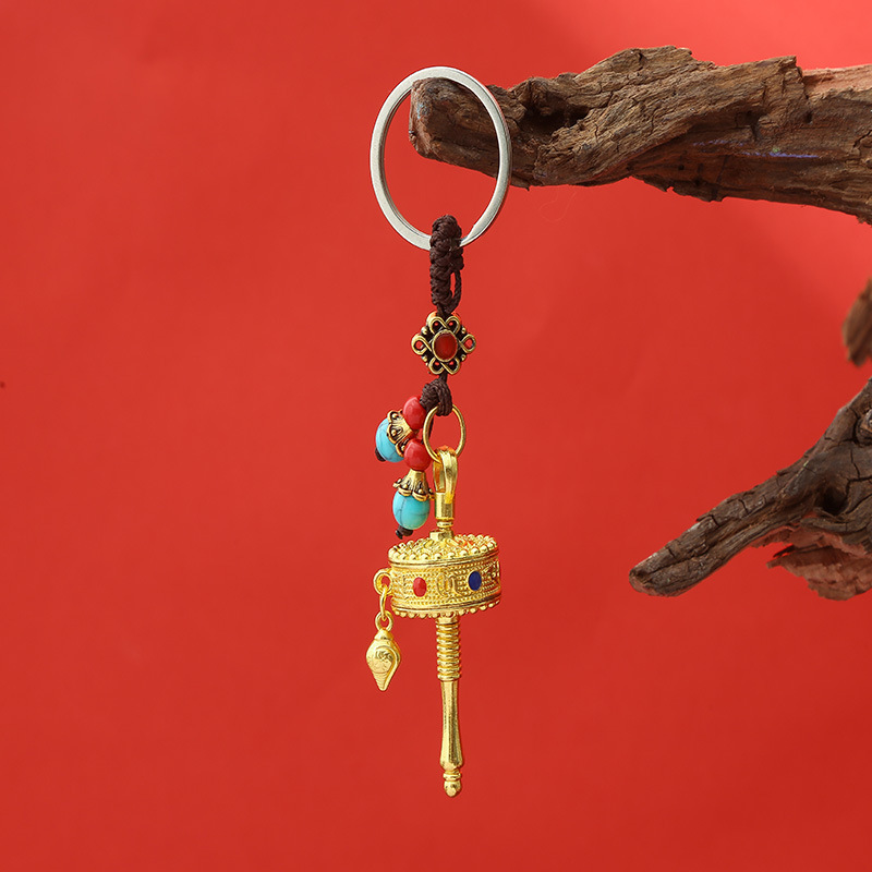 Directly Supplied from the Manufacturer, Xizang-Style Hand-Cranked Prayer Wheel with Six-Word Mantra Pendant and Tassel Souvenir 3C