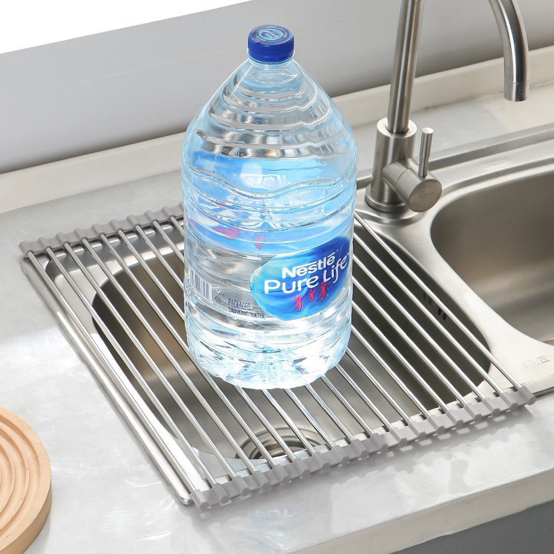 Kitchen Sink Stainless Steel Foldableable Drain Rack Roller Shutter Storage Drain Rack for Dishes and Water Filter Storage Rack