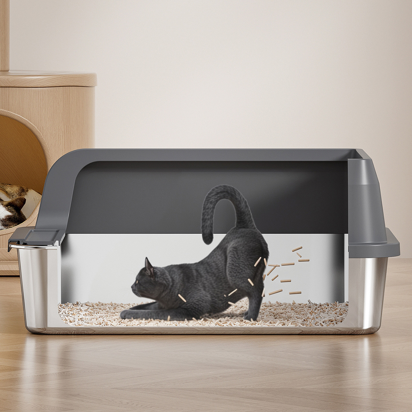 Large Stainless Steel Cat Litter Box with High Fence, Anti-Splash, Semi-Enclosed Top-In Stainless Steel Cat Toilet Pet Supplies