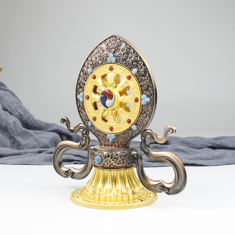 Alloy Auspicious Dharma Wheel Ornament Xizang-Style Home Decoration for Offering before Buddha, Esoteric Xizang Tradition