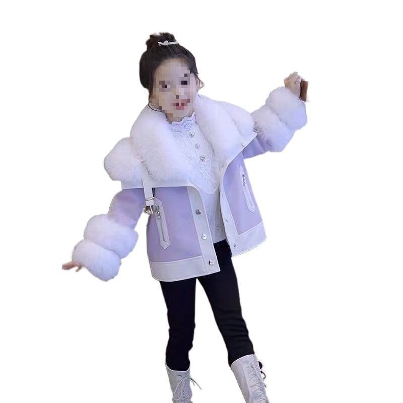 Girls' Fleece-Lined Thick Fur Coat Autumn and Winter Princess Children's Winter Coat for Older Children Leather Jacket Cotton Clothing