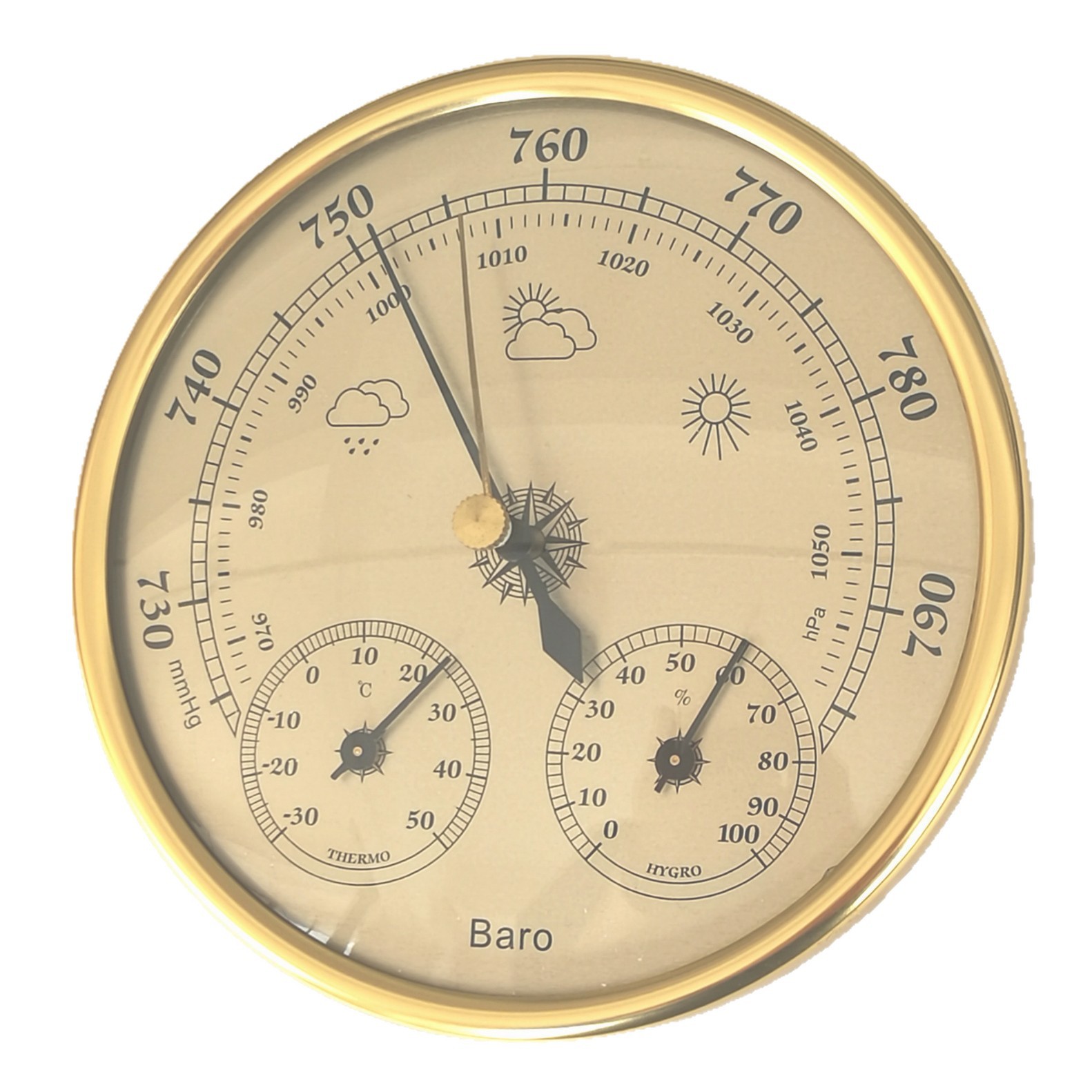 Thb9392G-12.8Cm Gold Ring and Gold Surface Three-In-One Weather Station (Thermometer, Hygrometer, Barometer)