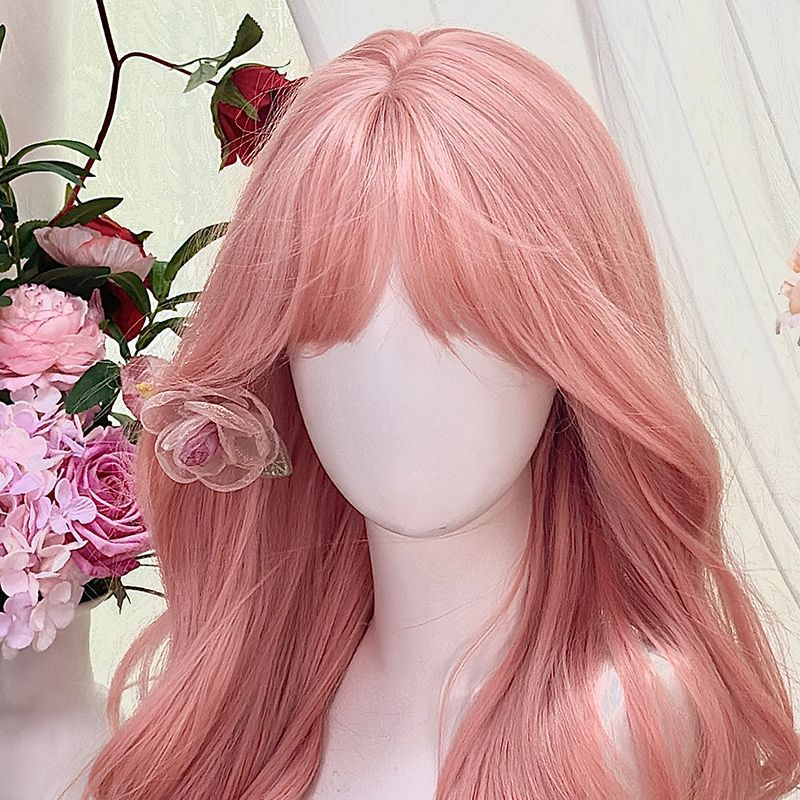 Long Curly Wig in Grapefruit Pink, Stylish Cosplay Long Light-Colored Full Wig Fashion Full Wig Set