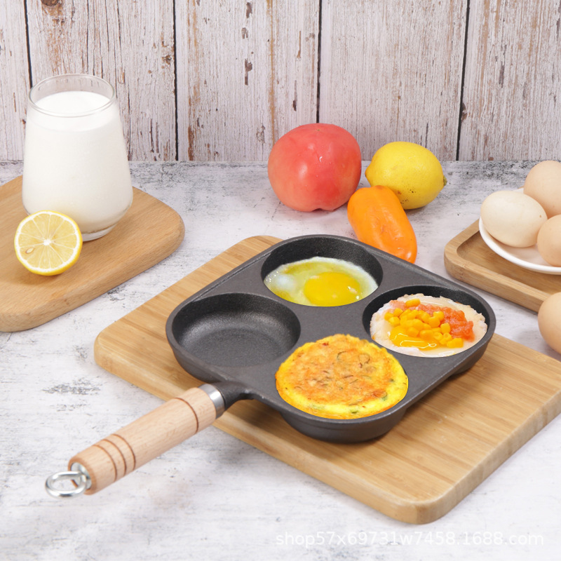 Cast Iron Four-Hole Frying Pan Egg Burger Mold Uncoated Non-Stick Pan Breakfast Fried Vegetable Cake Small Iron Pan Egg Dumpling Pan